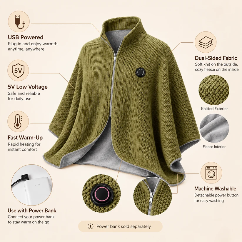 Wearable Heated Shawl 3 Heat Levels Portable Thermal Wrap