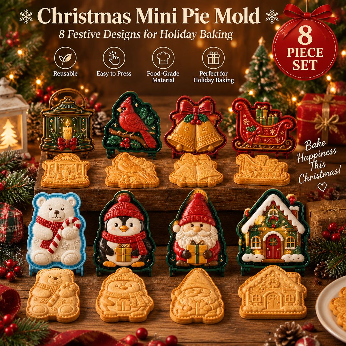 🎅 8-Design Christmas Mini Pie Mold – Festive Holiday Baking Tool for Cookies & Treats